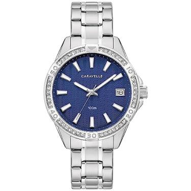 Imagem de Caravelle Relógio feminino de aço inoxidável de quartzo cristal Aqualuxx da Bulova, resistente à água 100 m, Prata/azul, Sport Aqualuxx