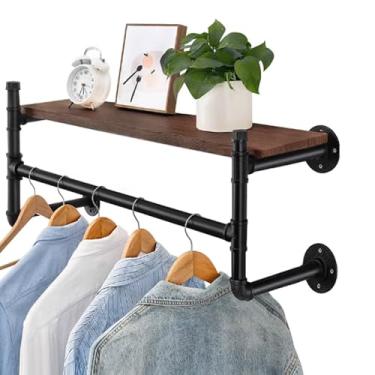 Imagem de Rack de roupas de tubo industrial de ferro montado na parede Bar expositor de roupas de varejo com prateleira de madeira Racks de roupas resistentes para vara de roupas