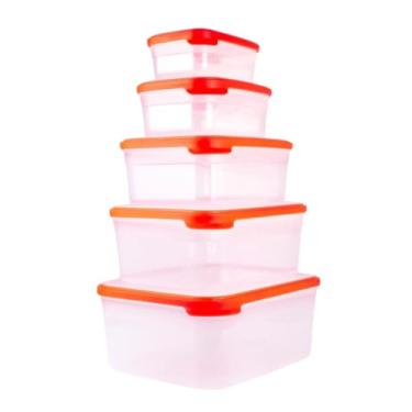 Imagem de Kit 5 Potes Plasticos Retangular de 500 ml a 5 litros Armerzenamento Alimentos Graos Resistente Pode ir no Freezer e Microondas Potes Quadrados de Varios Tamanhos Empilhavel (Laranja)