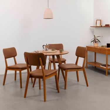 Imagem de Conjunto Mesa de Jantar Square Laminada Redonda Natural - 88cm + 4 Cadeiras Lalá Estofada PU - Cognac