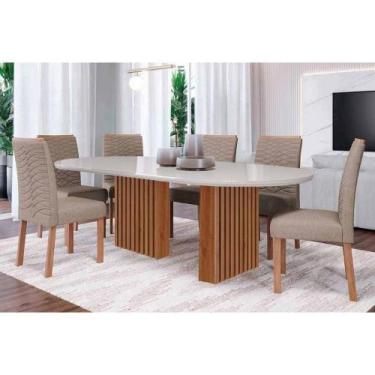 Imagem de Mesa Cozinha Ester Tampo Madeirado Oval c/ Vidro 210x100cm e 6 Cadeira