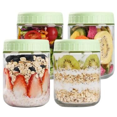 Imagem de Recipientes de aveia noturnos com tampas, potes de vidro de 473 ml com tampas, 4 peças, verde-claro, frascos de vidro de boca larga para salada, iogurte, lanches, preparação de refeições