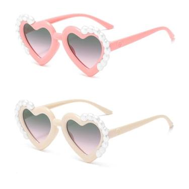 Imagem de Ridering Óculos de sol Toddle Girl Peal Heart com proteção UV 400 para crianças de 2 a 8 anos, Rosa + bege, tamanho �nico