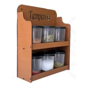 Imagem de Suporte para Temperos em Madeira Caramelo, 2 Prateleiras, com 6 Potes de plástico Inclusos