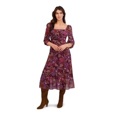 Imagem de London Times Vestidos femininos midi vintage com gola quadrada, manga 3/4, para aniversário botânico, Port Royale/Roxo royal profundo, 42