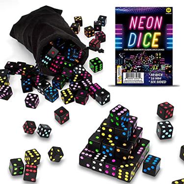 Imagem de Dados blecaute coloridos neon – Pacote com 51 – Conjunto de 10 cores – Saco de cetim com cordão preenchido com dados quadrados de seis lados de 16 mm – Suprimentos de jogos de substituição coloridos, noite de jogo de tabuleiro familiar, ensino de matemática STEM