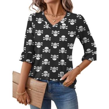 Imagem de Blusa feminina LOMON manga 3/4 com decote em V com estampa fantasma de