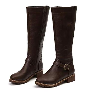 Imagem de Bigfanshu Botas de cano alto marrom femininas vintage couro salto quadrado zíper altura do joelho fivela bota manter quente sapatos de bico redondo britânico, Marrom, 35 BR