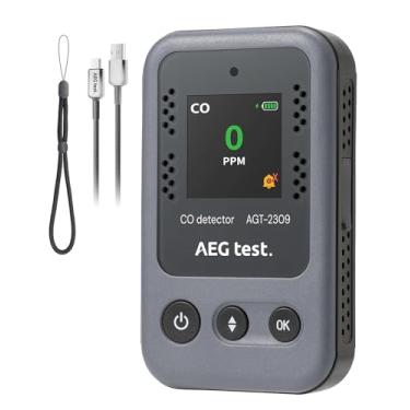 Imagem de AEGTEST AGT-2309 Detector portátil de monóxido de carbono, 15 dias de espera, mini monitor de CO recarregável com cordão para viagens e acampamento, medidor de CO portátil com alertas sonoros e