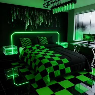 Imagem de Conjunto de cama king geométrico, xadrez, videogame, quadriculado, para crianças, simples, abstrato, edredom preto e verde, 2 fronhas