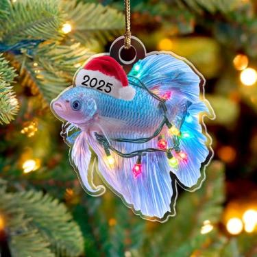 Imagem de Enfeite de Natal de peixe Betta 2025, animal de estimação 9,5 cm (plano 2D) Enfeite de acrílico de dupla face, presente para amantes de peixes Betta, amantes de animais de estimação, enfeite de Natal