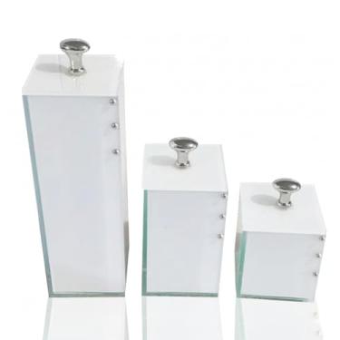 Imagem de Kit Lavabo Banheiro Luxo Conjunto Trio Organizador 3 Potes Vidro (Branco Prata)