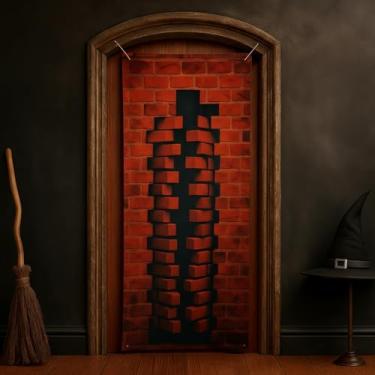 Imagem de Remagr Halloween 198 x 91 cm, bandeira mágica, porta de feiticeiro, decoração de parede de tijolo vermelho, pano de fundo para varanda pendurada para decoração de festa de aniversário de Halloween
