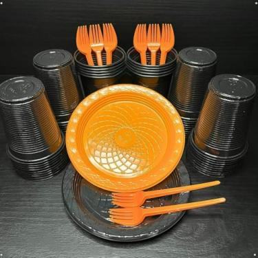 Imagem de Kit 300 Itens Festa Aniversário Descartáveis Plástico Colorido Perolado 100 Pessoas Completo Pratinho Garfinhos Copos (Laranja Preto)