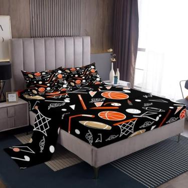 Imagem de Feelyou Jogo de lençol solteiro de rúgbi, hóquei, beisebol, futebol, vôlei, refrescante, 40 cm, preto, 3 peças com 1 fronha