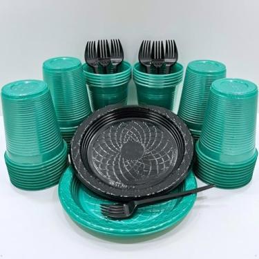 Imagem de Kit 300 Itens Festa Aniversário Descartáveis Plástico Colorido Perolado 100 Pessoas Completo Pratinho Garfinhos Copos (Verde Perolado Preto)