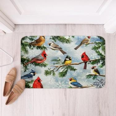 Imagem de jejeloiu Tapetes de banheiro natalinos pássaros de inverno tapetes de banho microfibra floco de neve acessórios de banheiro capachos de chão de pinheiro antiderrapante 40,6 cm x 61 cm macio