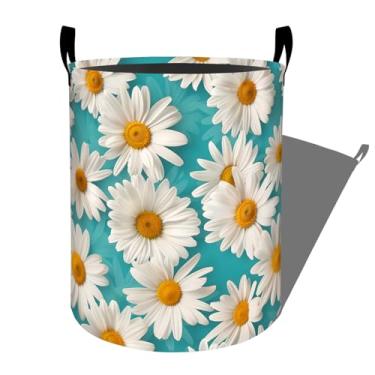 Imagem de Linda margarida branca em fundo azul-petróleo brilhante, organizador de cesto de roupa suja dobrável para decoração de banheiro, caixa de armazenamento de roupas de brinquedo para quarto 19,7 x 15,7