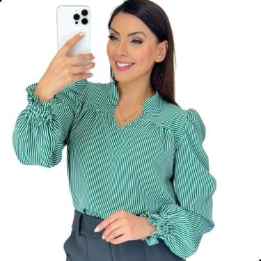 Imagem de Blusa Manga Longa Bufante Gola V Listrada Feminina Social - G-Store, V