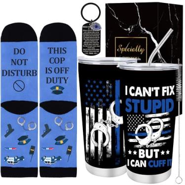 Imagem de Keluna Presentes de polícia para homens pai - 3 peças presentes de agradecimento capitão policial 590 ml, copo isolado, chaveiro, meias, Academia de Polícia, Natal, aniversário, aposentadoria