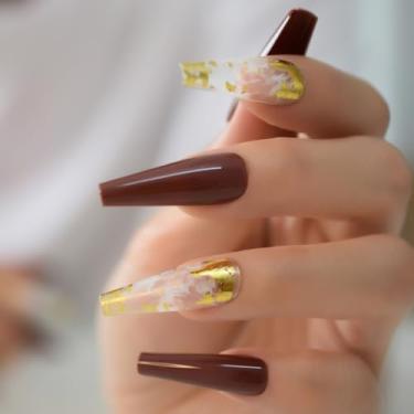 Imagem de Unhas de pressão de caixão marrom longo dourado decoração unhas postiças cobertura completa manicure