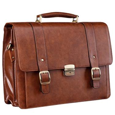 Imagem de Banuce Pasta de couro masculina para advogado jurídico pasta anexo para laptop de 15,6 polegadas com trava removível e alça ajustável marrom vintage