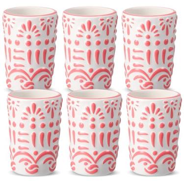 Imagem de Roshtia Conjunto de 6 copos de dose de tequila mexicana de 59 ml, copos de shot Talavera, feitos à mão, copos de cerâmica com decoração branca, canecas de presente de cerâmica mexicana para amantes de