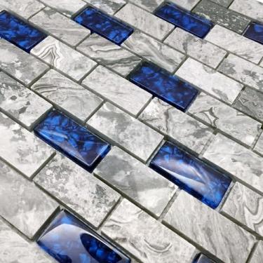 Imagem de Hominter Vidro de cristal azul e mosaico de pedra cinza 1x2 telha de metrô - folha de mármore polido de 30,5 x 30,5 cm para salpicos de cozinha, paredes de destaque e azulejos de chuveiro de banheiro