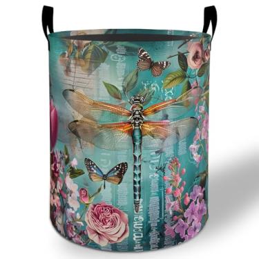 Imagem de Cesto de lavanderia Dragonfly 50 x 40 cm, floral, vintage, dobrável, impermeável, balde de armazenamento de roupas Oxford para quarto, banheiro, quarto de bebê, organizador de brinquedos, presentes