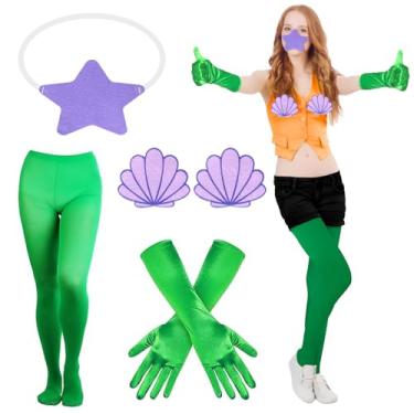 Imagem de 4 peças de acessórios para fantasia de sereia de Halloween, incluindo máscara de estrela do mar, luvas elásticas verdes, meia-calça para adultos, mulheres, homens, personagem de Halloween, cosplay