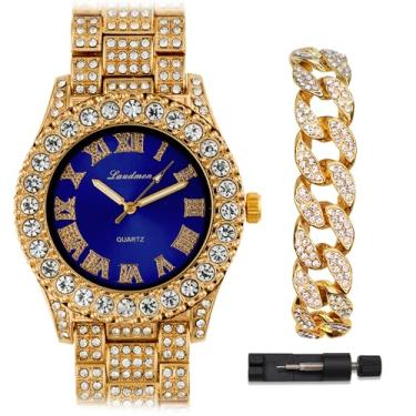 Imagem de ICEDTAG Conjunto de relógio e pulseira com algarismos romanos luxuosos com pedras grandes, mostrador colorido, Conjunto azul, Regular, Decoração de festa chá de bebê dia dos namorados