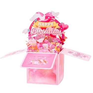 Imagem de Presentes engraçados de feliz aniversário 3D caixa rosa para mulheres com envelopes com inserção em branco decorações dobráveis exclusivas para melhor mãe, esposa, filha, avó amiga