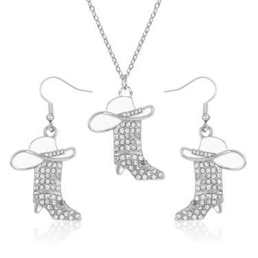 Imagem de Chanumetal Joias de cowgirl para mulheres, acessórios de cowgirl para mulheres, brincos de bota de cowboy com strass brilhante e colar de caubói, conjunto de joias de bota esmaltada, brincos