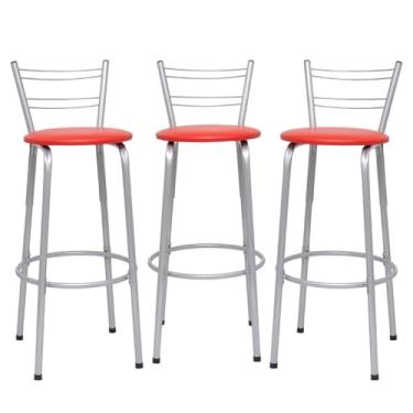 Imagem de Banqueta Altas Flórida Estrutura Prata 70cm Para Balcão Cozinha, Bar, Bistrô, Americano Kit 03 Unidades - Itagold (Vermelho)