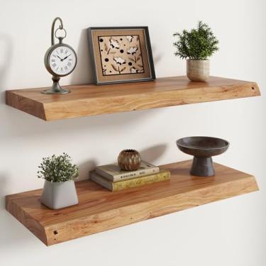 Imagem de RICHFOCUS Live Edge Prateleiras flutuantes de olmo – 76 cm L x 23,6 cm P Prateleiras de parede de madeira maciça rústica com suporte invisível, montadas na parede para sala de estar, quarto