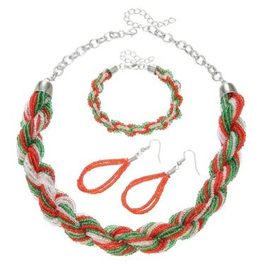 Imagem de HWJQ Conjunto de colar de contas de sementes grossas em camadas largas com vários fios e contas de sementes trançadas, conjunto de colar e brincos de gargantilha de Natal para mulheres, Middle, contas