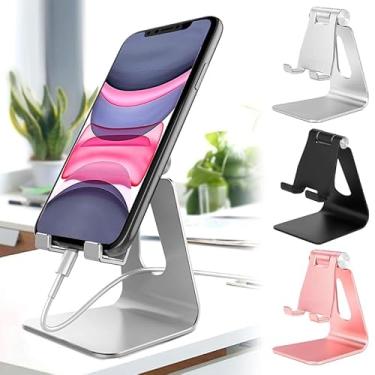 Imagem de Suporte de telefone dobrável duplo para mesa, suporte de celular de alumínio ajustável para iPhone 15 14 13 12 11 Pro Max, Samsung Galaxy, Switch, Kindle, compatível com dispositivos de 4 a 8