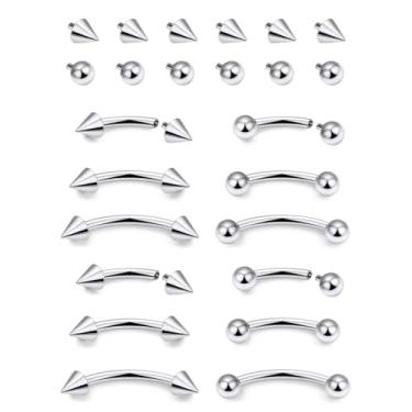 Imagem de Dyknasz Piercing de sobrancelha, joia interna rosqueada de aço cirúrgico, barra curvada minúscula, anel de sobrancelha, prata, vertical, labret, lábio, joia, orelha, torre, umbigo, pequeno, anéis de