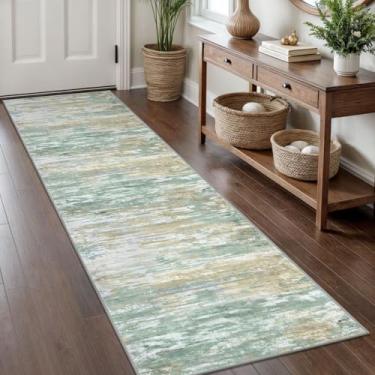 Imagem de KOZYFLY Tapete de corredor abstrato moderno, tapetes de cozinha 5 x 20 cm, antiderrapante, lavável, macio, listrado, tapete de corrida verde claro amarelo para entrada, banheiro, lavanderia, hall de