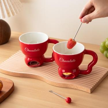 Imagem de Conjunto de copos de fondue, copo de derretimento de chocolate, 2 pacotes de caneca de fondue de cerâmica com garfos, canecas pequenas de fondue para encontros noturnos, festas de aniversário e