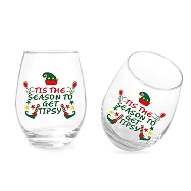 Imagem de Tis the Season to Get Tipsy Christmas Taça de vinho sem haste, presente de Natal, taça de vinho para amigos, pai, mãe, mulheres, homens, família, Natal, Natal, casamento, 425 g, conjunto de 2