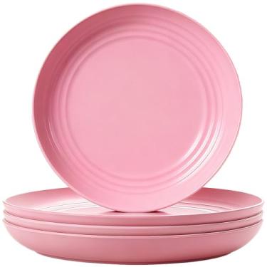 Imagem de XILEDUO Conjunto de 4 pratos de palha de trigo, inquebráveis, placa de plástico leve reutilizável para acampamento, cozinha, micro-ondas e lava-louças (rosa)