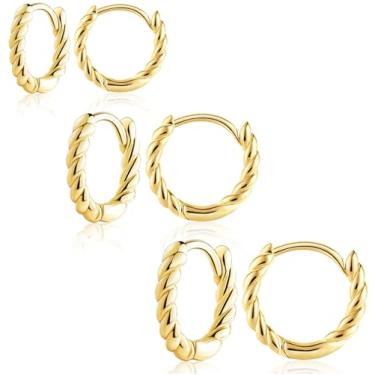 Imagem de Poxtex Brincos de argola pequenos para mulheres, hipoalergênicos, banhados a ouro real 14K, conjunto de brincos de cartilagem para vários piercings e joias leves, Zircônia