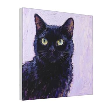 Imagem de Dutpurly Arte de parede em tela de gato preto engraçado emoldurado, impressões de arte de parede de gato preto, moldura de madeira de pintura em tela de animal adorável, decoração de sala de estar