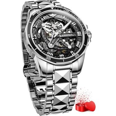 Imagem de OLEVS Relógios masculinos esqueleto mecânico preto para homens, relógios de pulso automáticos, luxuosos, aço de tungstênio, cristal de safira, à prova d'água, luminoso