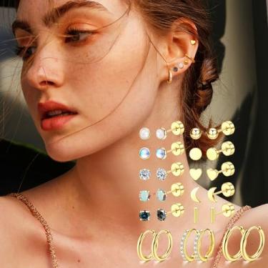 Imagem de Brincos de pino de costas planas para orelhas sensíveis - Brincos de aço cirúrgico para mulheres e homens - Argola pequena de zircônia cúbica - Conjunto de brincos de cartilagem com parafuso traseiro