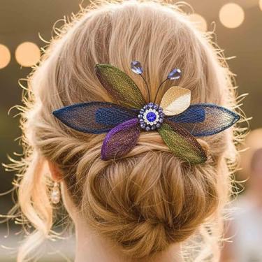 Imagem de Yokawe Presilhas de cabelo de cristal azul fio de cobre grampos de cabelo florais acessórios de cabelo para mulheres