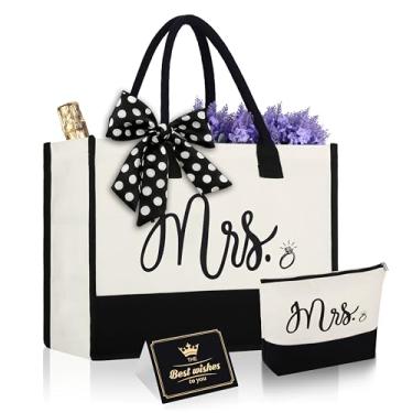 Imagem de butarfe Bolsa Mrs Canvas com bolsa de maquiagem, preto e branco personalizada para presente de chá de panela, sacolas grandes de presente de casamento para despedida de solteira, noivado, lua de mel