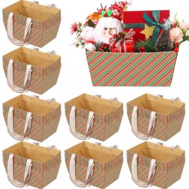 Imagem de Pinkunn 48 peças de cesta de Natal para presentes vazios, cestas vazias com alça, bandeja de papelão Kraft Market para embrulho de presente de Natal (sarja, 25 x 16,5 x 11 cm)