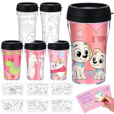 Imagem de Yiyiring Conjunto de 12 copos coloridos para o dia dos namorados, seus próprios copos, para crianças, artesanato, faça você mesmo, copos de plástico de 227 g DIY com tampas e canudos para meninos e